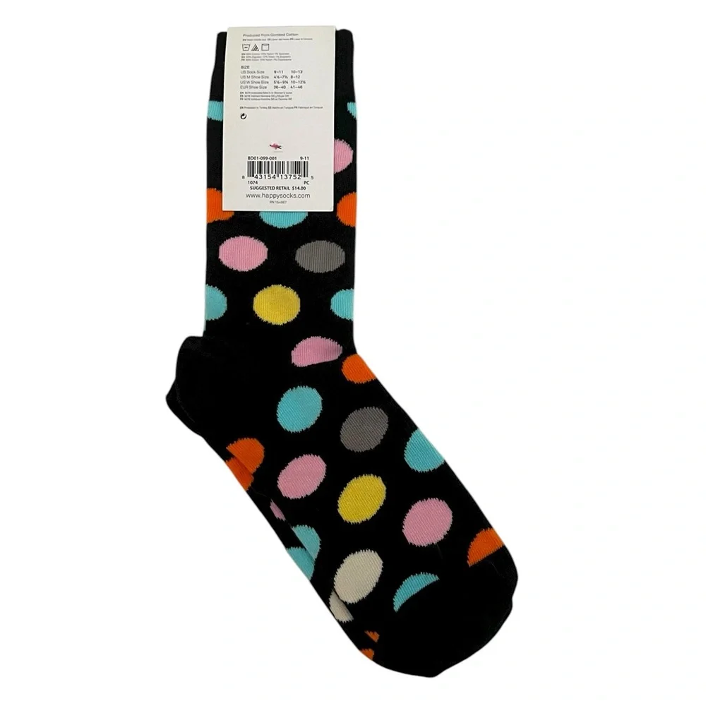 Happy Socks Polka Dot Crew Socks Black Multicolor Size‎ 9-11 New